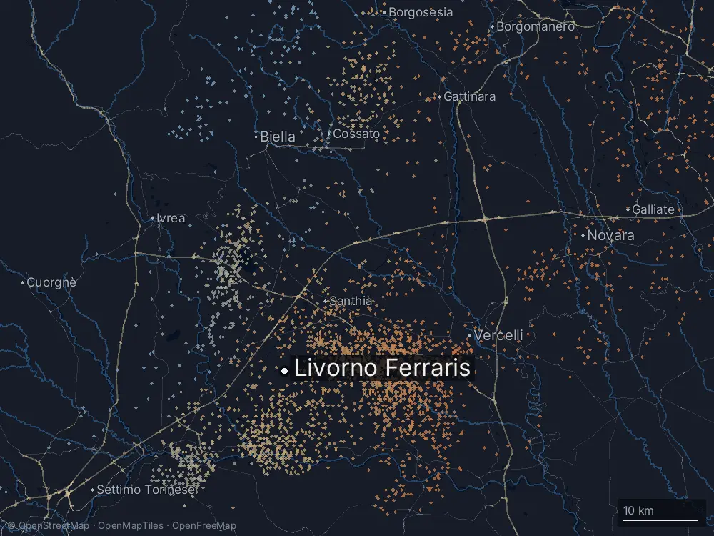 Karte der Blitze bei Livorno Ferraris am Montag, 21. Juli 2025