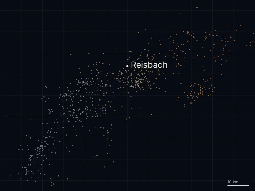 Karte der Blitze bei Reisbach am Montag, 21. Juli 2025