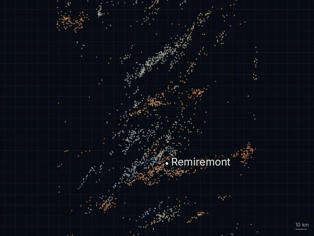 Karte der Blitze bei Remiremont am Montag, 21. Juli 2025