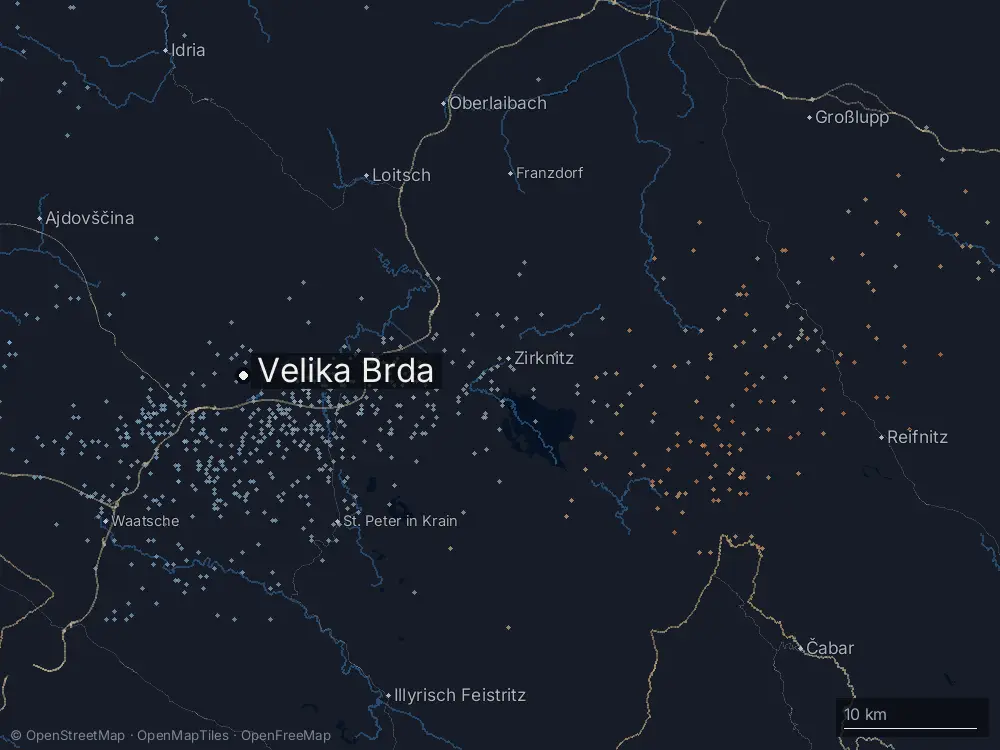 Karte der Blitze bei Velika Brda am Donnerstag, 24. Juli 2025