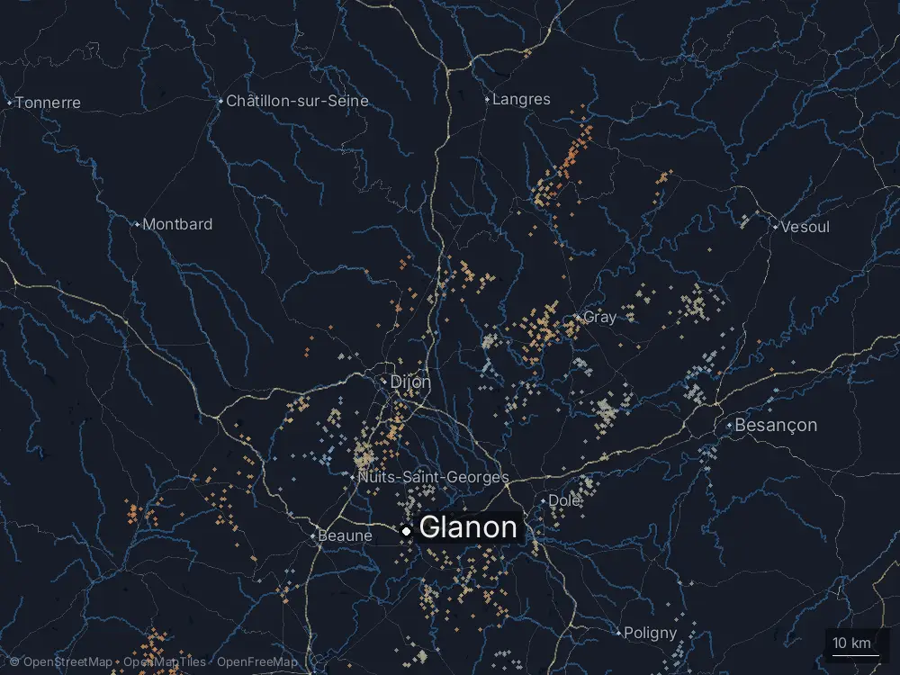 Karte der Blitze bei Glanon am Freitag, 25. Juli 2025