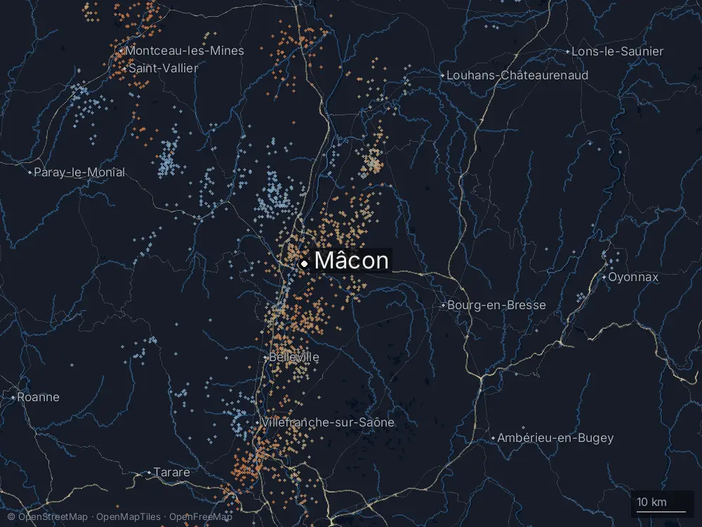 Karte der Blitze bei Mâcon am Freitag, 25. Juli 2025