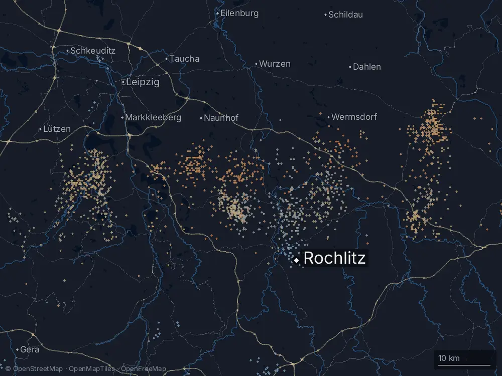 Karte der Blitze bei Rochlitz am Freitag, 25. Juli 2025