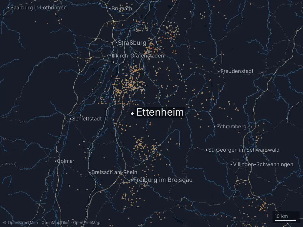 Karte der Blitze bei Ettenheim am Sonntag, 27. Juli 2025