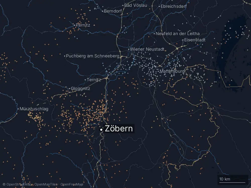 Karte der Blitze bei Zöbern am Freitag, 1. August 2025