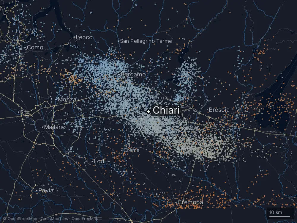 Karte der Blitze bei Chiari am Samstag, 2. August 2025