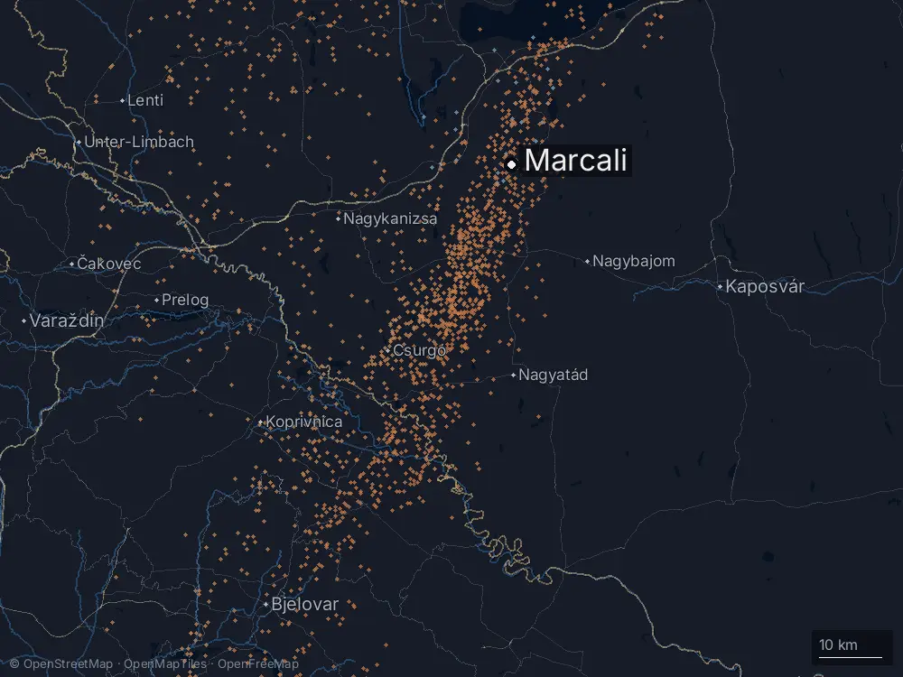 Karte der Blitze bei Marcali am Samstag, 2. August 2025
