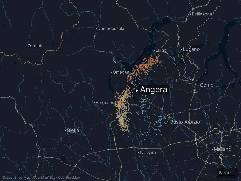 Karte der Blitze bei Angera am Mittwoch, 6. August 2025