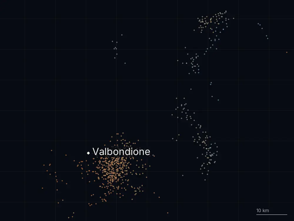 Karte der Blitze bei Valbondione am Dienstag, 12. August 2025