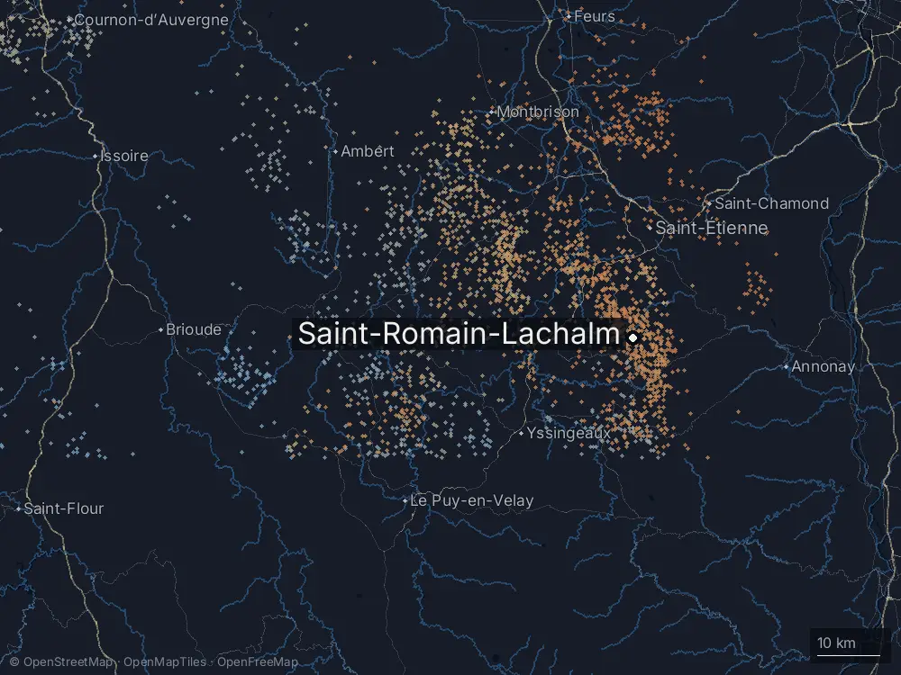 Karte der Blitze bei Saint-Romain-Lachalm am Mittwoch, 13. August 2025