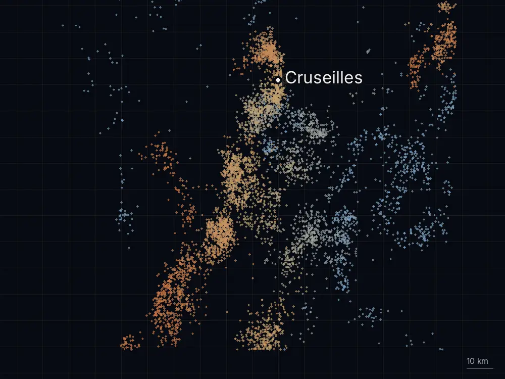 Karte der Blitze bei Cruseilles am Donnerstag, 14. August 2025