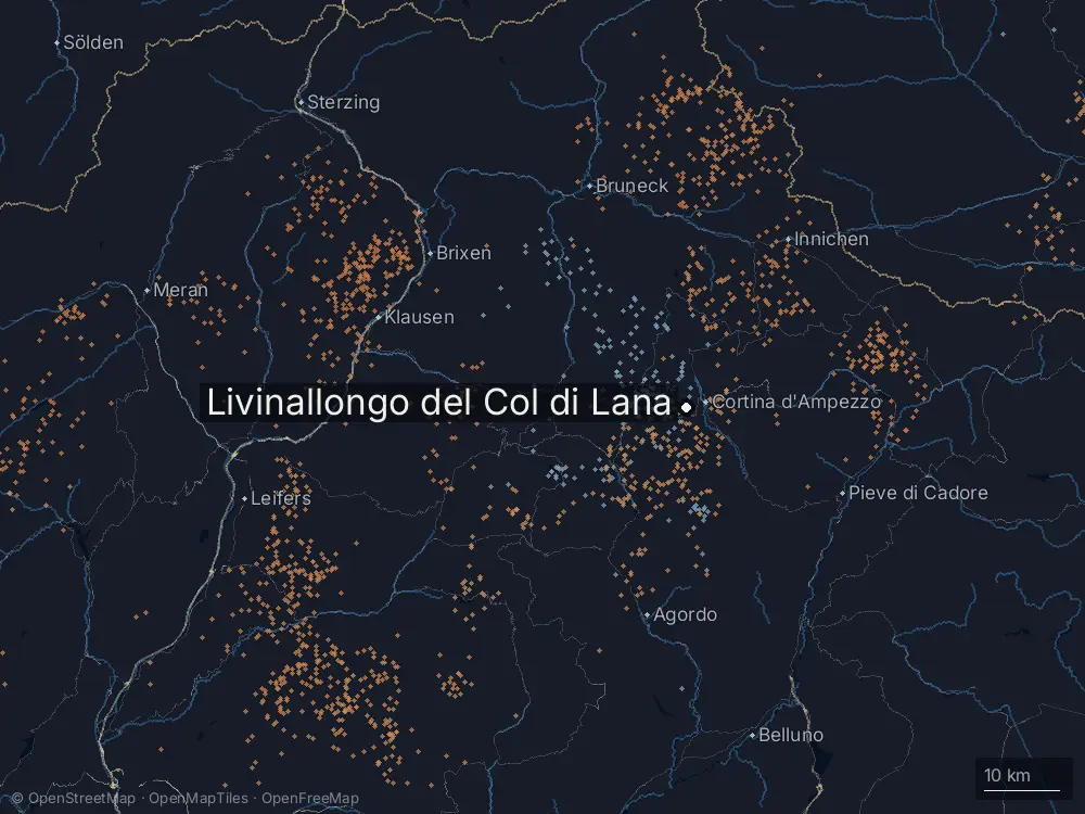 Karte der Blitze bei Livinallongo del Col di Lana am Freitag, 15. August 2025