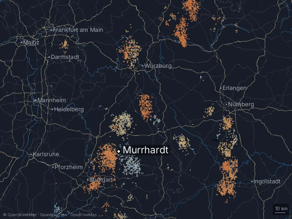 Karte der Blitze bei Murrhardt am Freitag, 15. August 2025