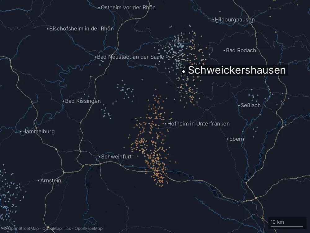 Karte der Blitze bei Schweickershausen am Freitag, 15. August 2025