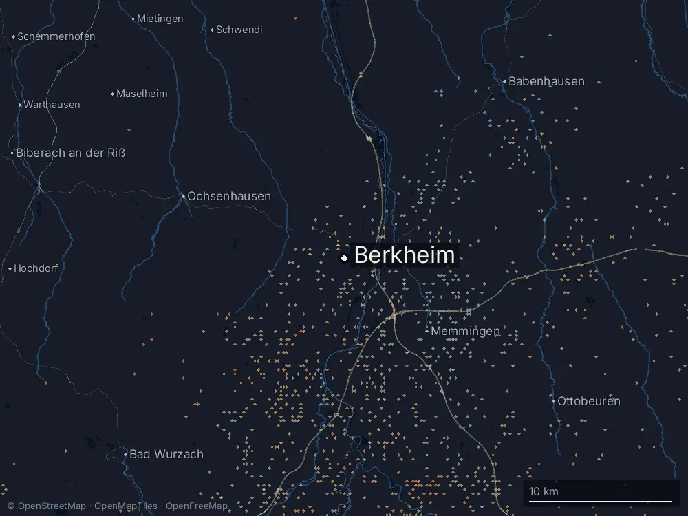 Karte der Blitze bei Berkheim am Samstag, 16. August 2025
