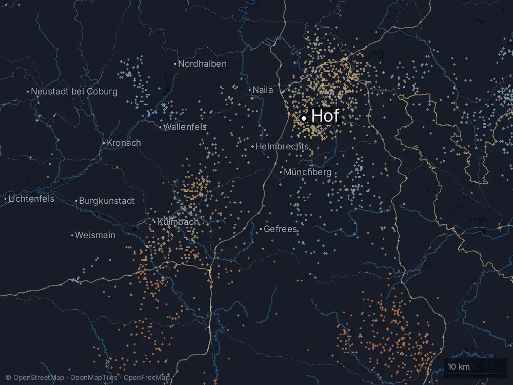 Karte der Blitze bei Hof am Samstag, 16. August 2025