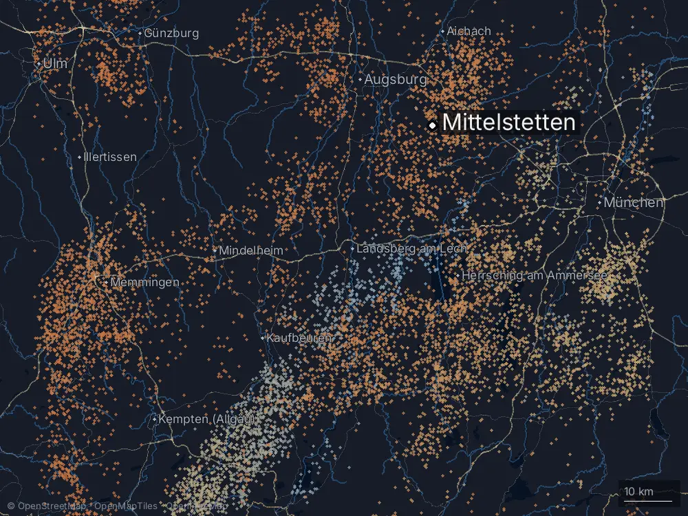 Karte der Blitze bei Mittelstetten am Samstag, 16. August 2025