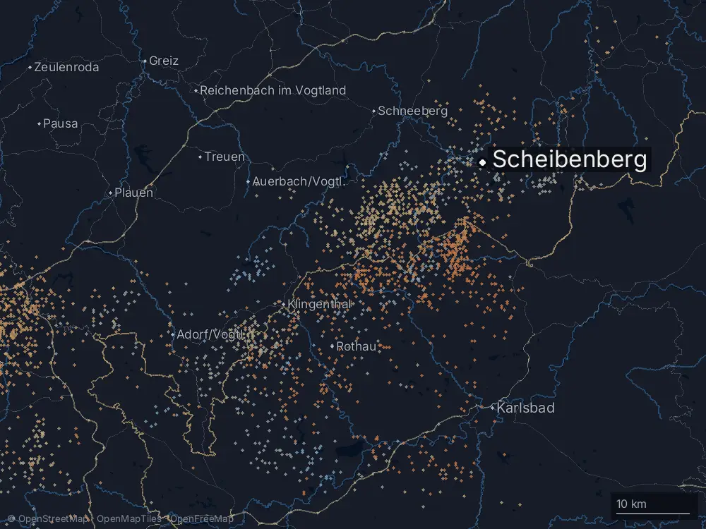 Karte der Blitze bei Scheibenberg am Samstag, 16. August 2025