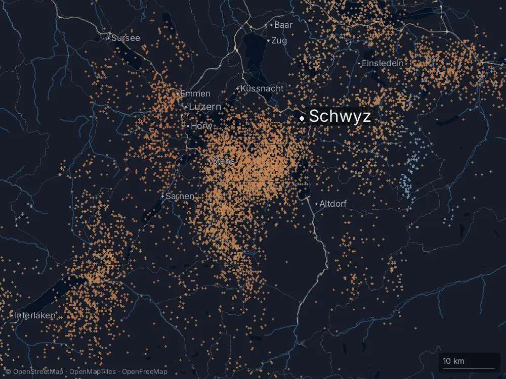 Karte der Blitze bei Schwyz am Samstag, 16. August 2025