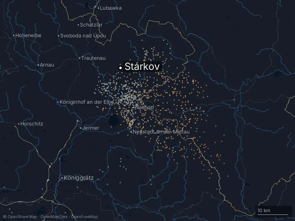 Karte der Blitze bei Stárkov am Samstag, 16. August 2025