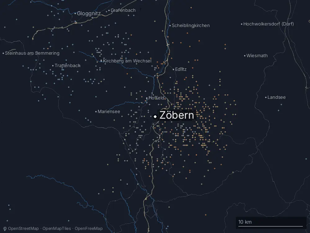 Karte der Blitze bei Zöbern am Samstag, 16. August 2025