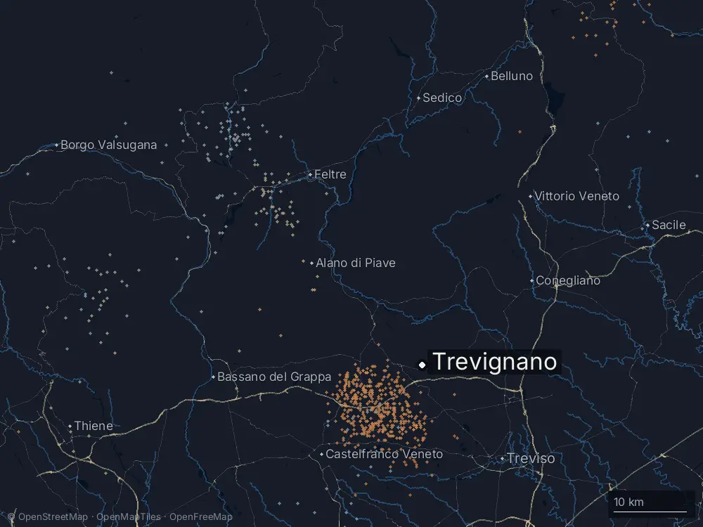 Karte der Blitze bei Trevignano am Sonntag, 17. August 2025