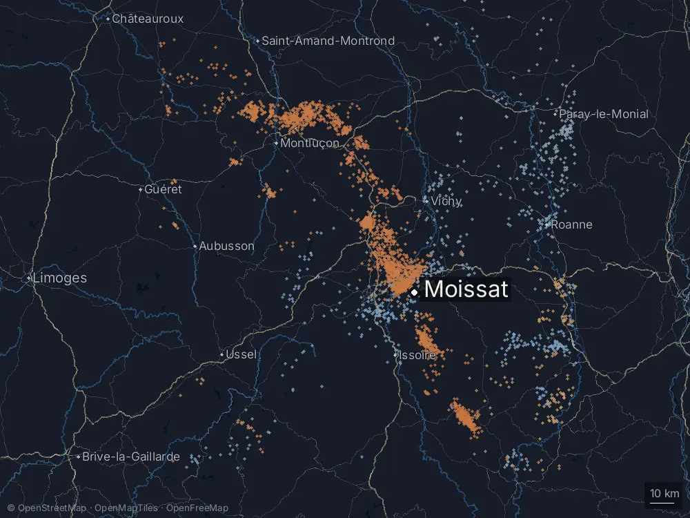 Karte der Blitze bei Moissat am Mittwoch, 20. August 2025