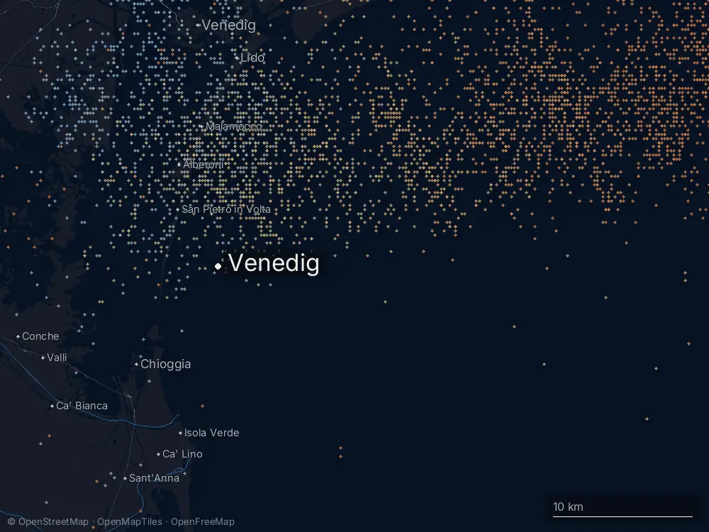 Karte der Blitze bei Venedig am Mittwoch, 20. August 2025
