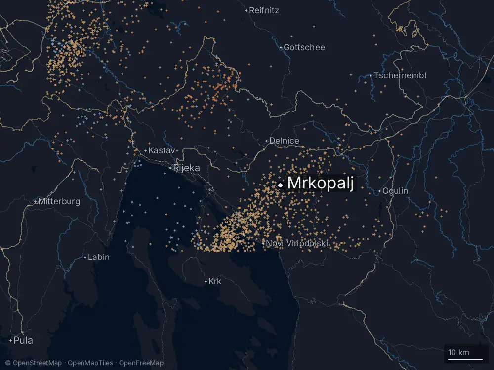 Karte der Blitze bei Mrkopalj am Donnerstag, 21. August 2025