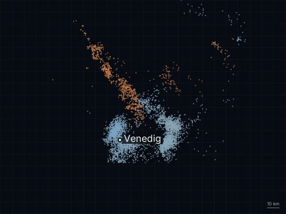 Karte der Blitze bei Venedig am Samstag, 23. August 2025