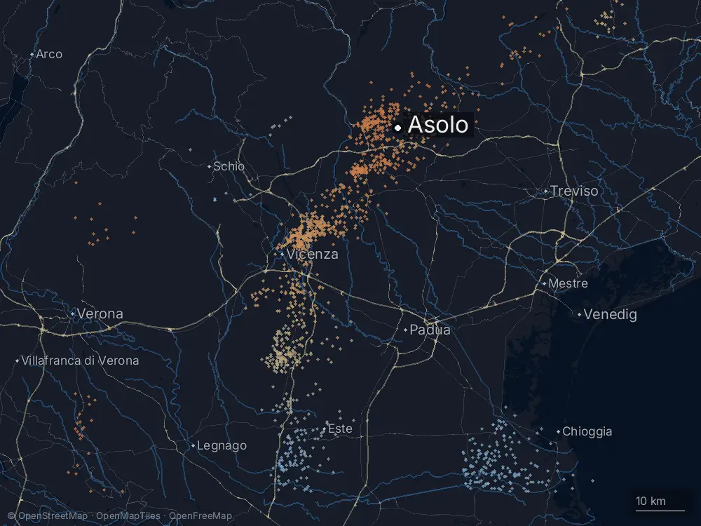 Karte der Blitze bei Asolo am Mittwoch, 27. August 2025