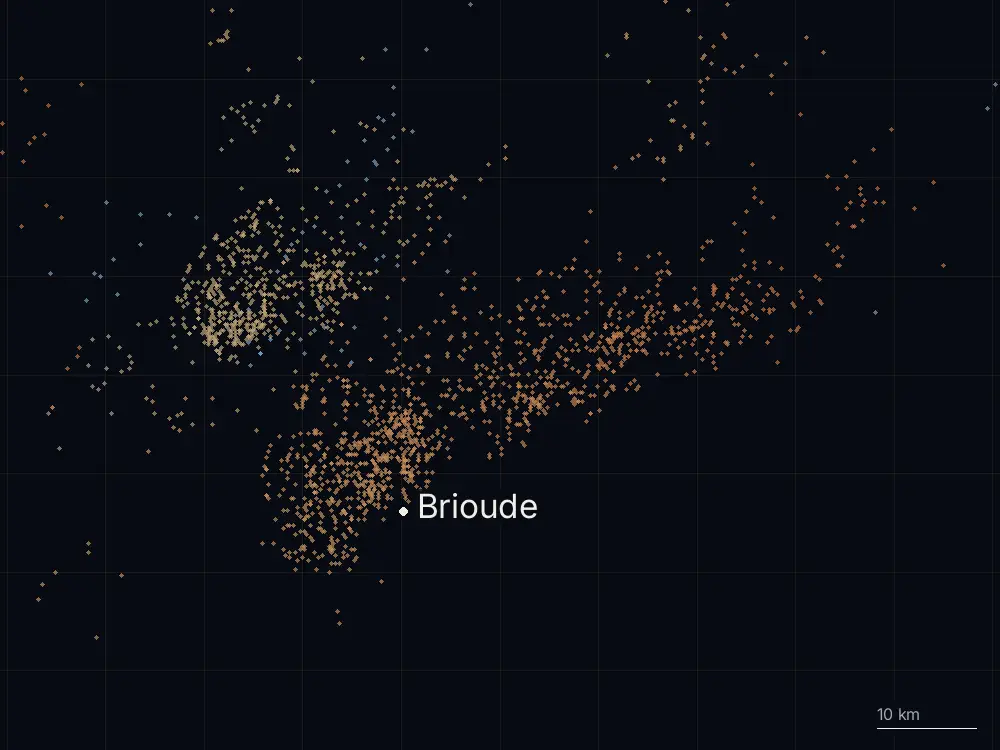 Karte der Blitze bei Brioude am Mittwoch, 27. August 2025