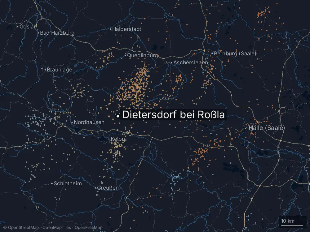Karte der Blitze bei Dietersdorf bei Roßla am Mittwoch, 27. August 2025