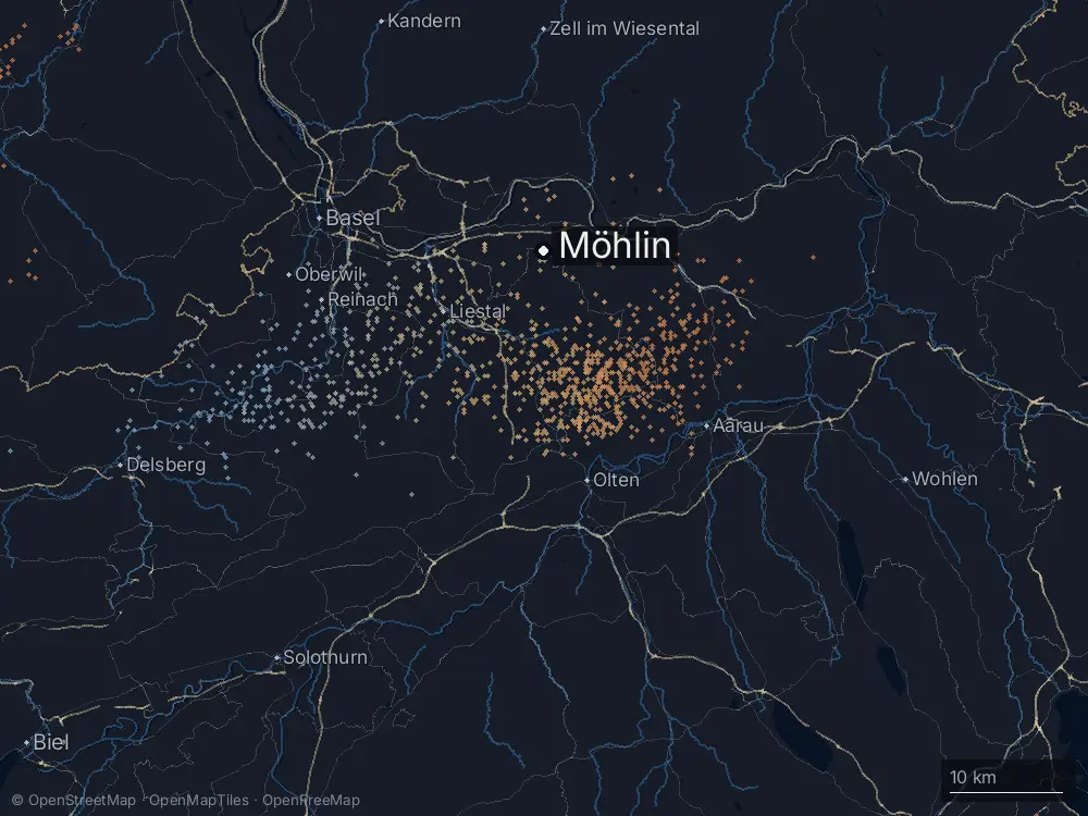Karte der Blitze bei Möhlin am Mittwoch, 27. August 2025