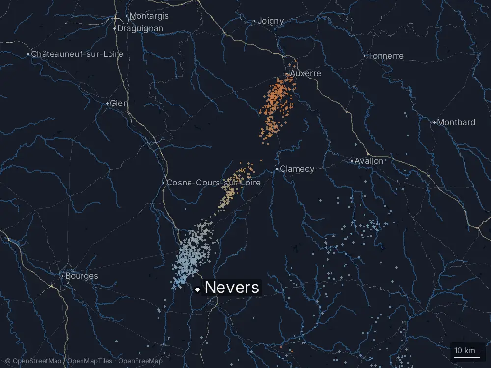 Karte der Blitze bei Nevers am Mittwoch, 27. August 2025