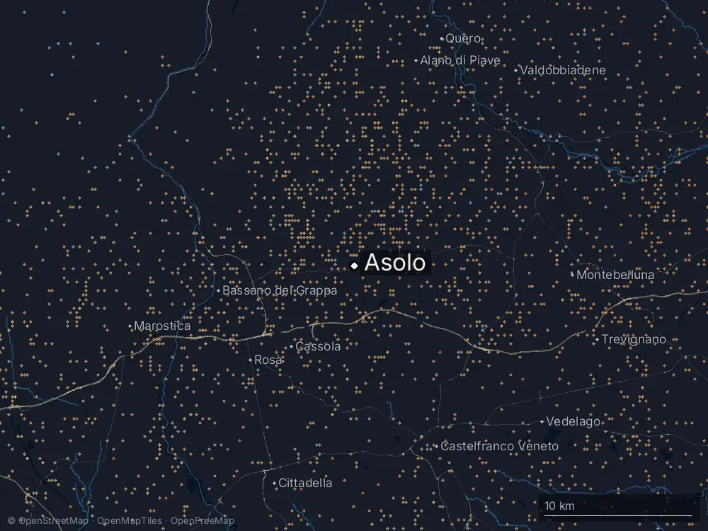 Karte der Blitze bei Asolo am Donnerstag, 28. August 2025