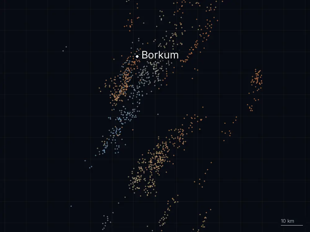 Karte der Blitze bei Borkum am Donnerstag, 28. August 2025