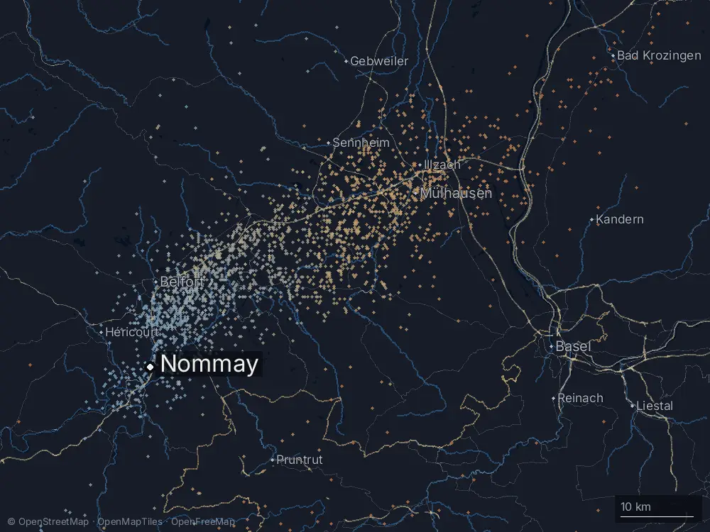 Karte der Blitze bei Nommay am Donnerstag, 28. August 2025