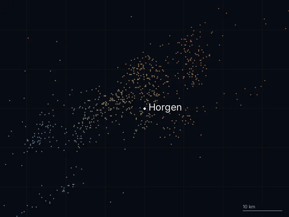 Karte der Blitze bei Horgen am Montag, 1. September 2025
