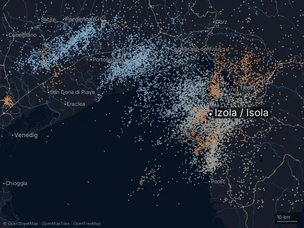 Karte der Blitze bei Izola / Isola am Dienstag, 2. September 2025