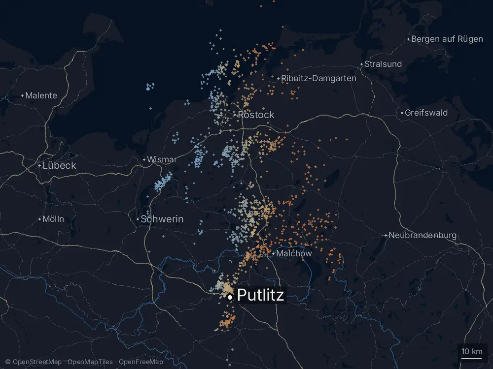Karte der Blitze bei Putlitz am Dienstag, 2. September 2025