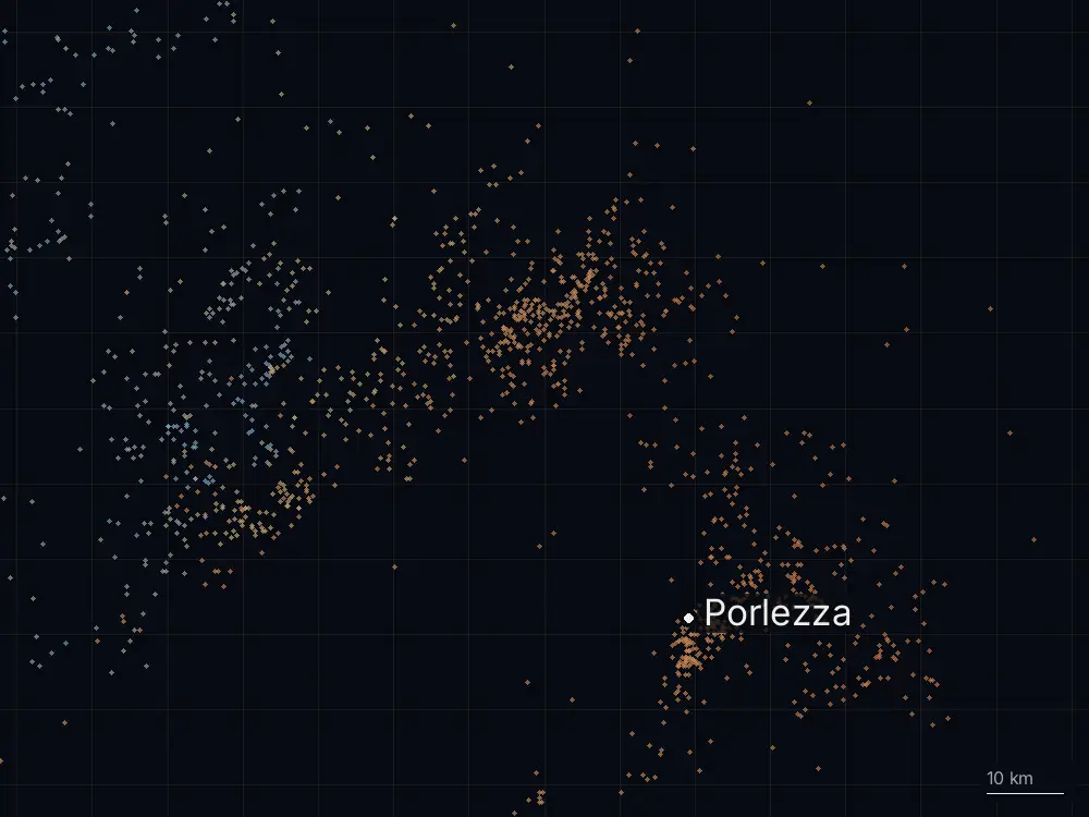 Karte der Blitze bei Porlezza am Donnerstag, 4. September 2025