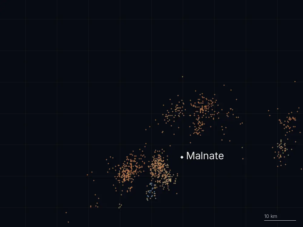 Karte der Blitze bei Malnate am Dienstag, 9. September 2025