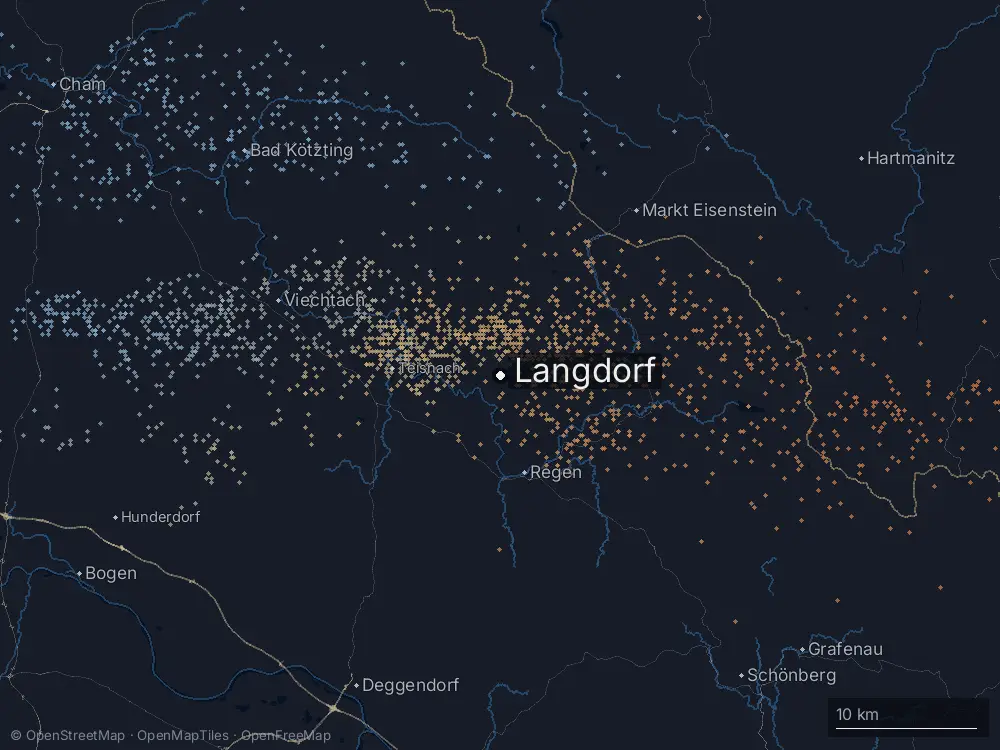 Karte der Blitze bei Langdorf am Montag, 15. September 2025