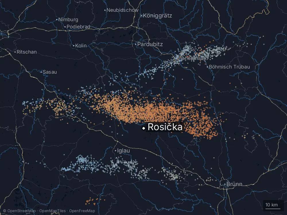 Karte der Blitze bei Rosička am Montag, 15. September 2025