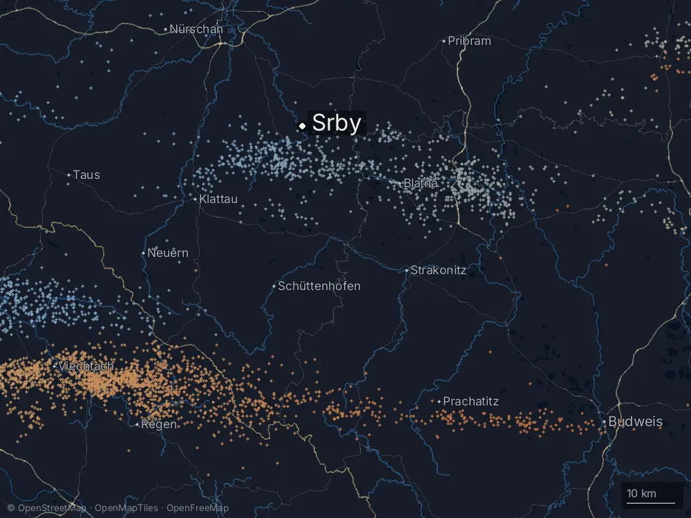 Karte der Blitze bei Srby am Montag, 15. September 2025