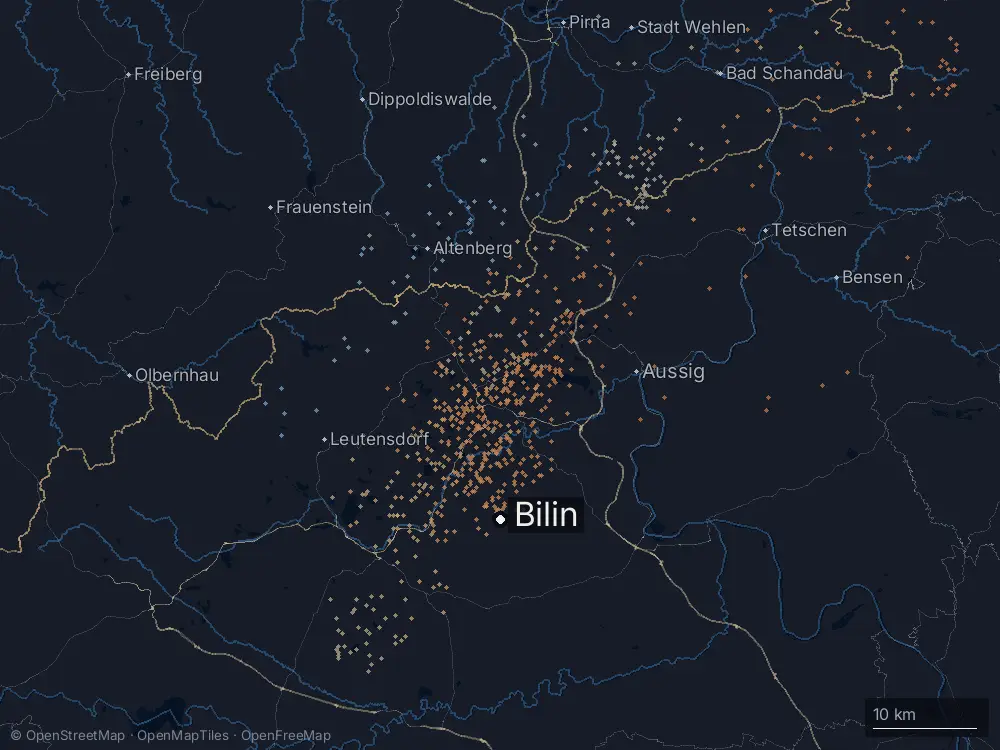 Karte der Blitze bei Bilin am Sonntag, 21. September 2025