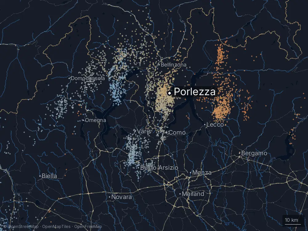 Karte der Blitze bei Porlezza am Sonntag, 21. September 2025