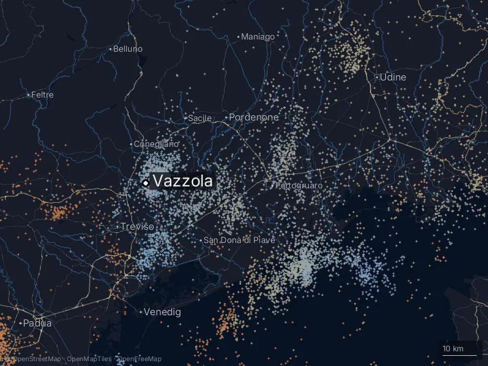Karte der Blitze bei Vazzola am Dienstag, 23. September 2025