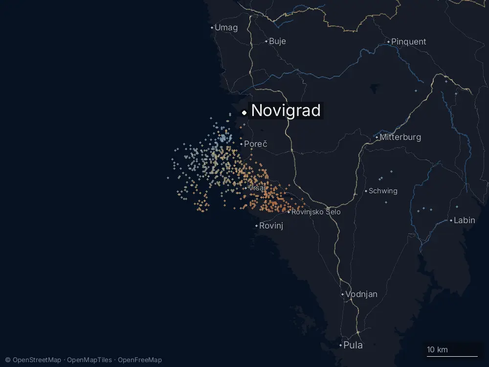 Karte der Blitze bei Novigrad am Sonntag, 26. Oktober 2025